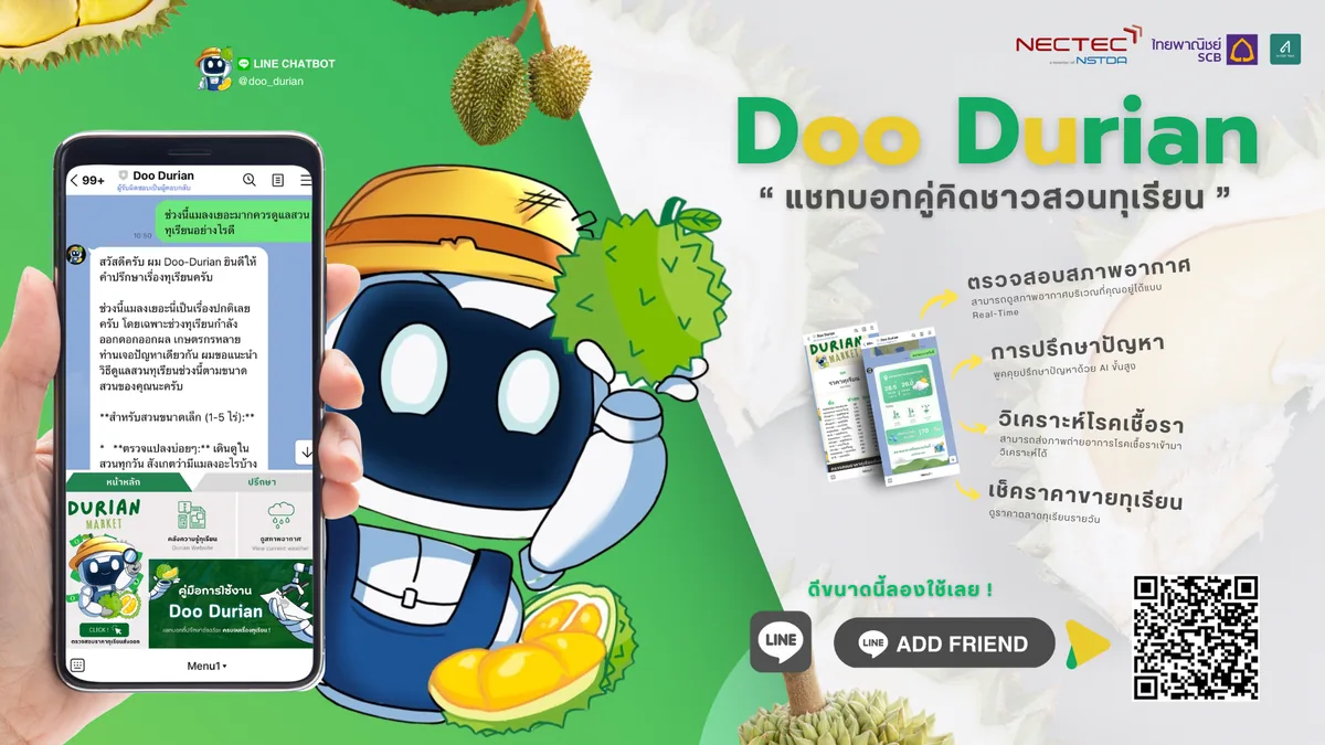 โปสเตอร์โครงการ Doo-Durian แสดงบริการตรวจสอบสภาพอากาศ ปรึกษาปัญหา วิเคราะห์โรคเชื้อรา และเช็คราคาขายทุเรียน